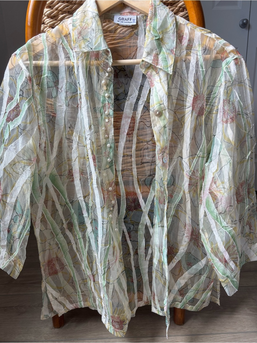 GRAFF Sheer Pastel Floral Button-Down Blouse